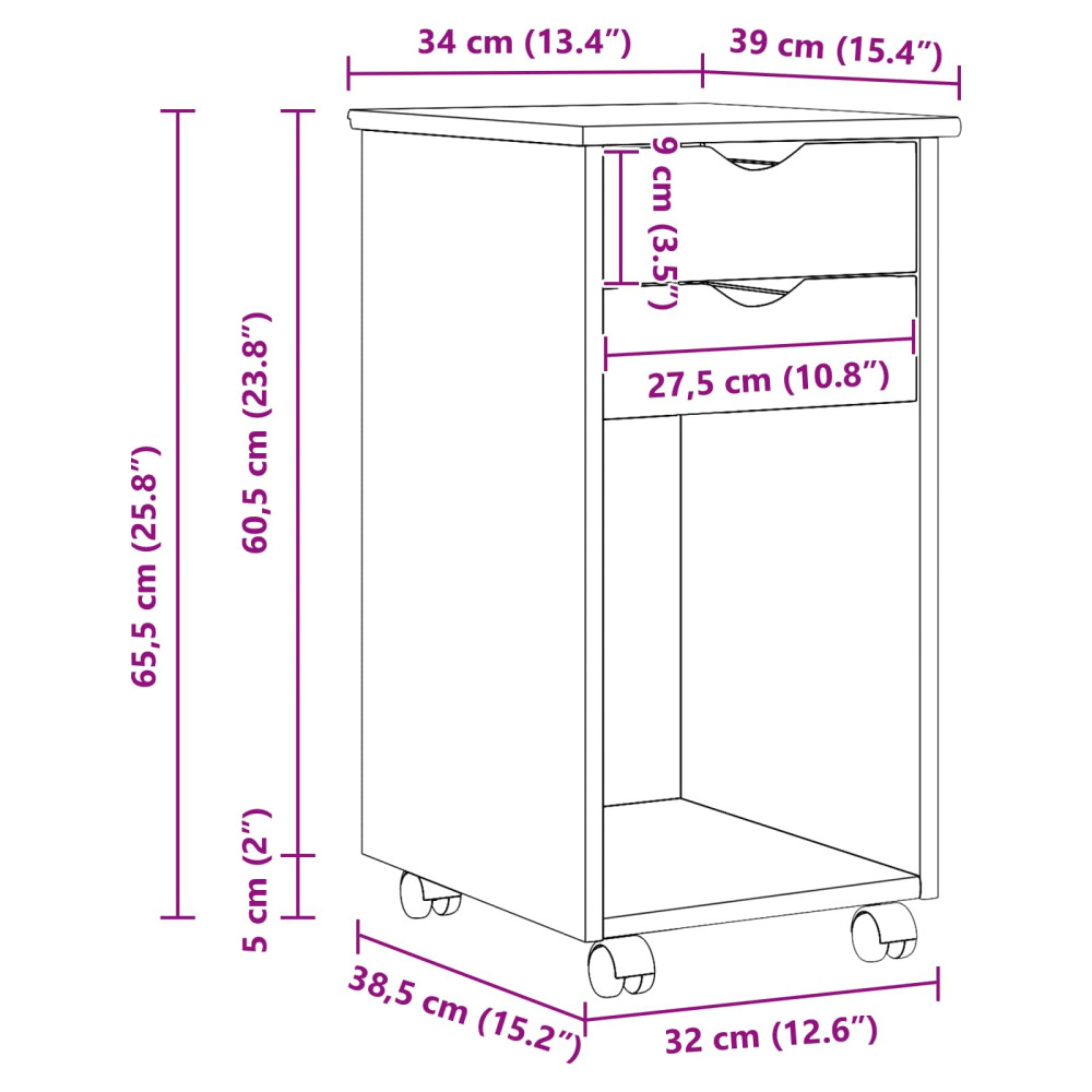 Produktbild för Rullande skåp Svart 34 x 39 x 65,5 cm Massivt furu