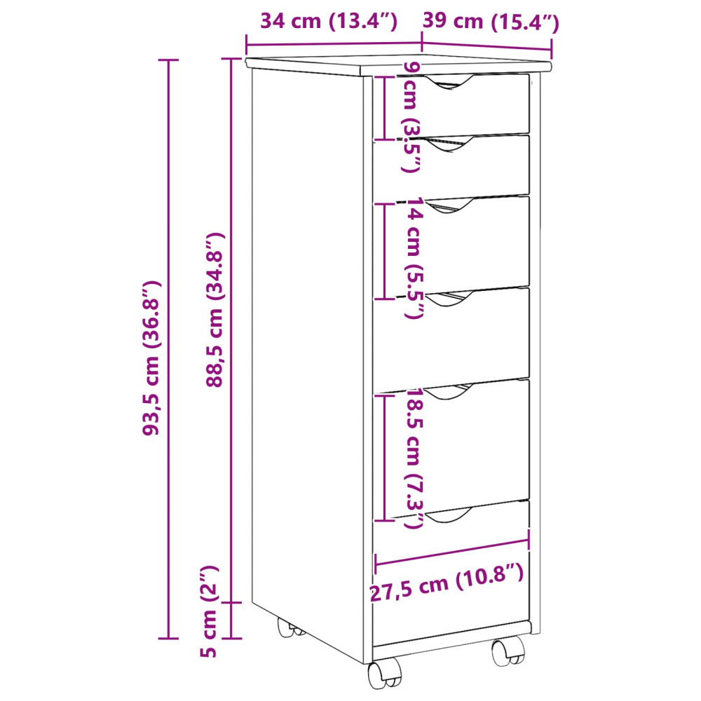 Produktbild för Rullande skåp med hjul Vit 34 x 39 x 93,5 cm Massiv furu