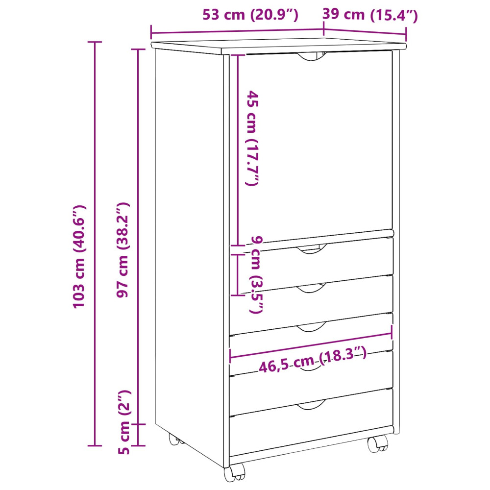 Produktbild för Rullande skåp med hjul Vit 53 x 39 x 103 cm Massiv furu