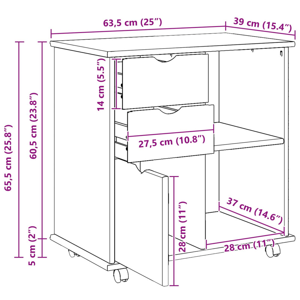 Produktbild för Rullande skåp med hjul Brun 63,5 x 39 x 65,5 cm Massiv furu