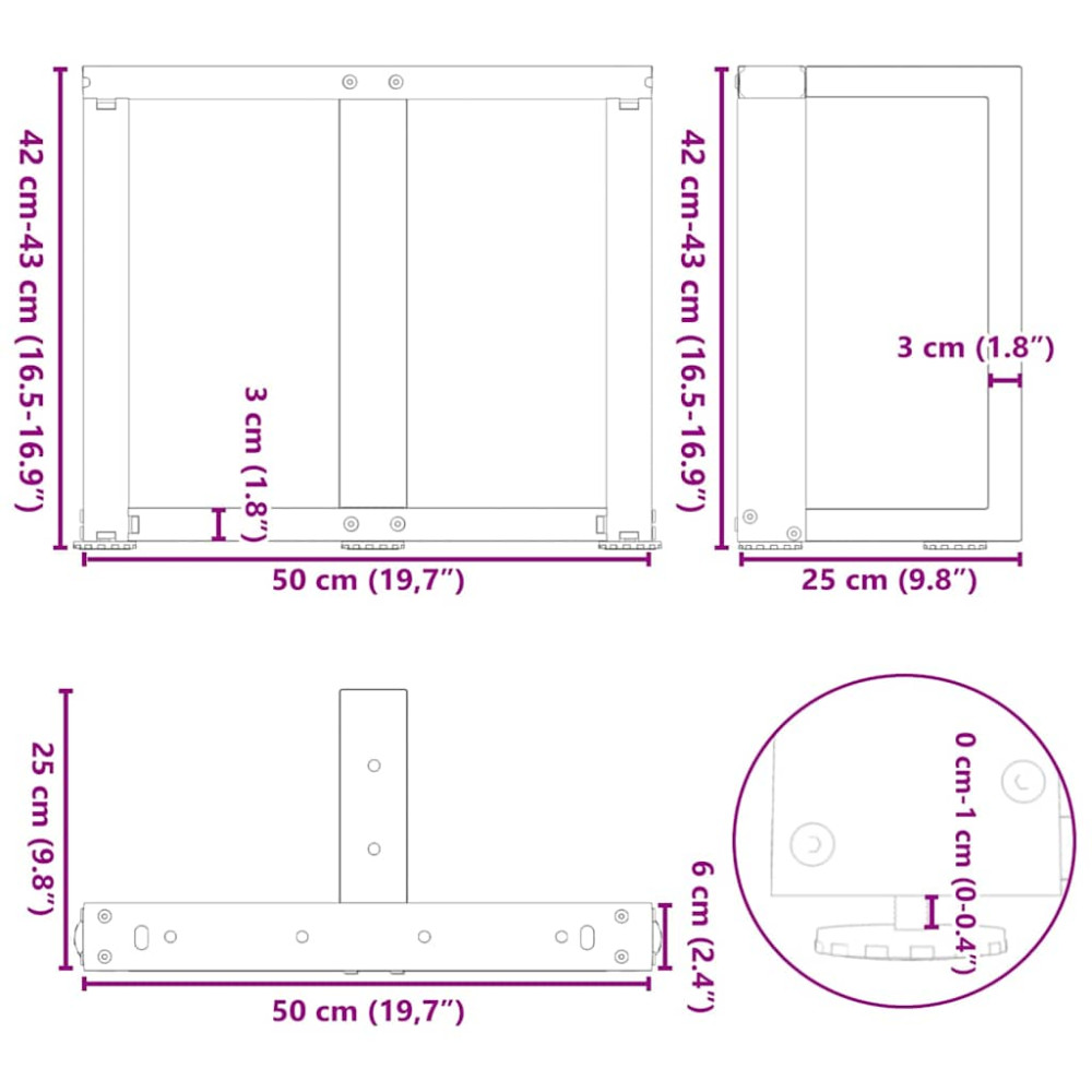 Produktbild för Soffbordsben T-formade 2 st svarta 50x25x(42-43) cm stål