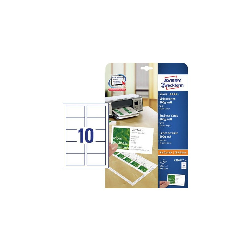 Produktbild för Avery Quick&Clean C32011 - visitkort - 100 kort - 45 x 85 mm - 200 g/m²