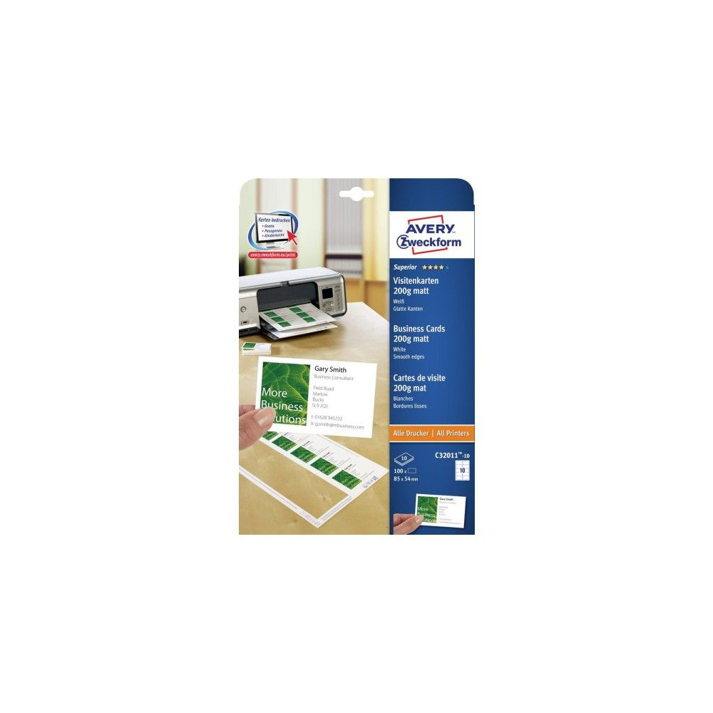 Produktbild för Avery Quick&Clean C32011 - visitkort - 100 kort - 45 x 85 mm - 200 g/m²