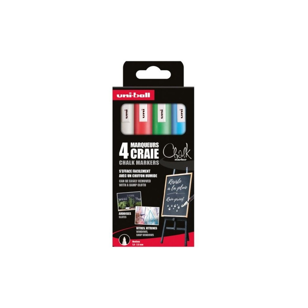 Produktbild för UNIBALL Uni Chalk markerset 4 st. PWE5 (vit, röd, grön, blå)