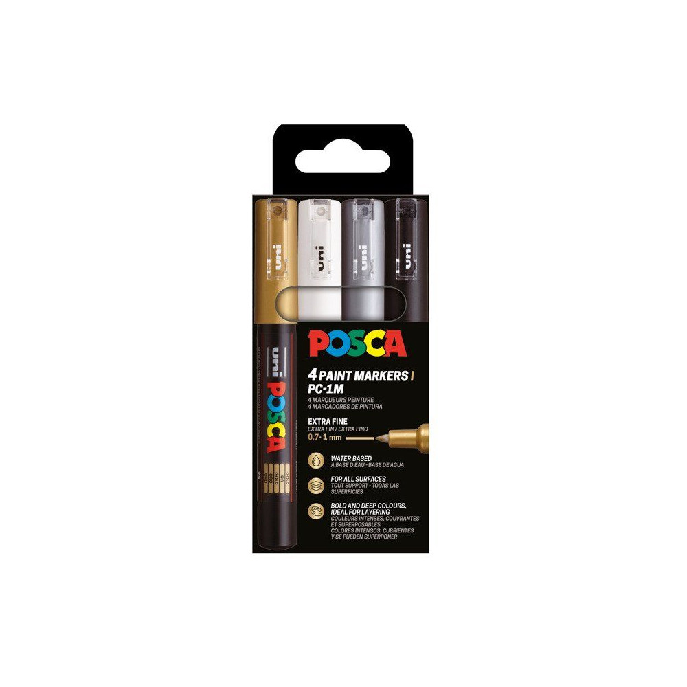 Produktbild för POSCA PC-1M 4-pack set (svart,vitt,guld,silver) (ersätter EA...
