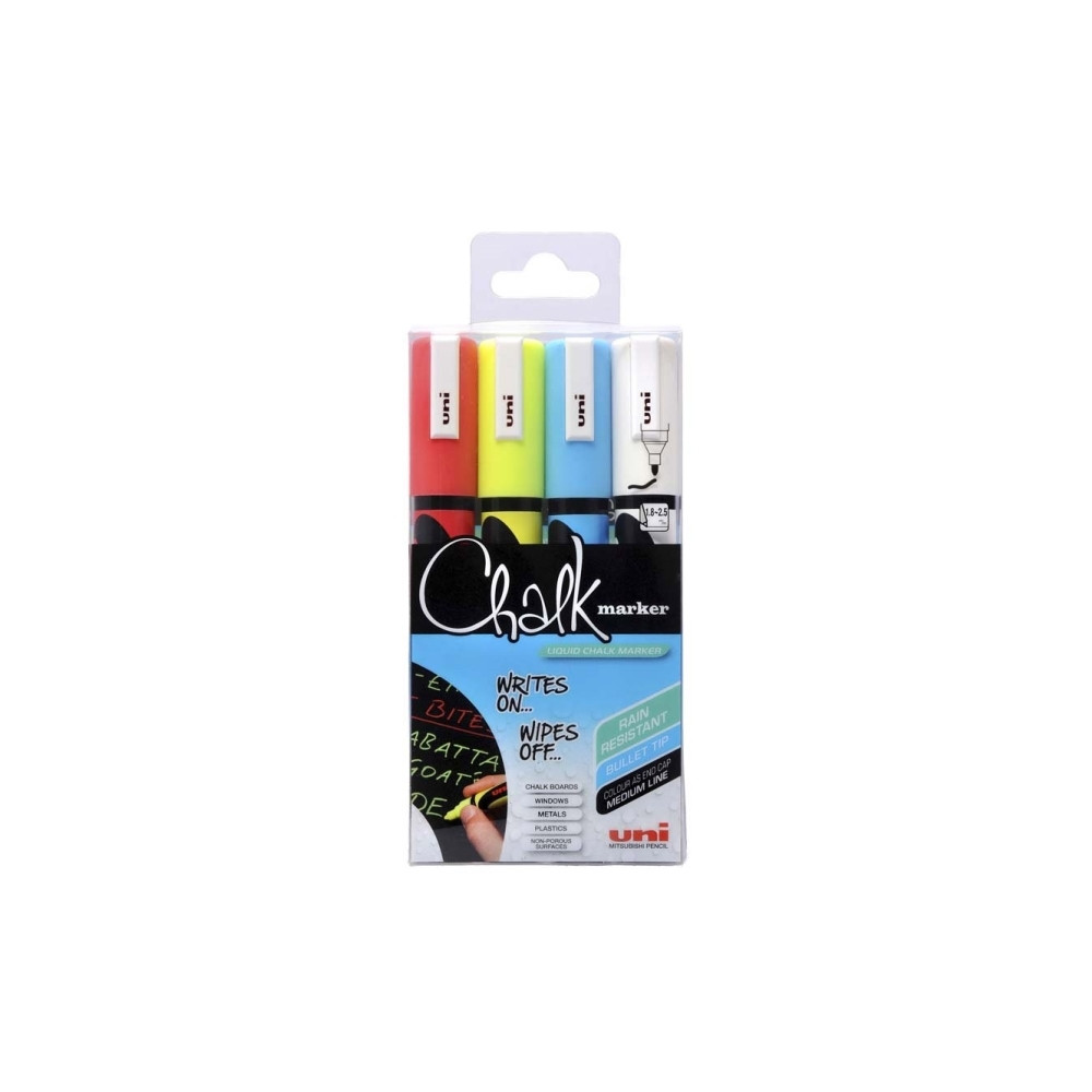 Produktbild för Uni Chalk - markering - röd, blå, vit, fluorescerande gul (paket om 4)
