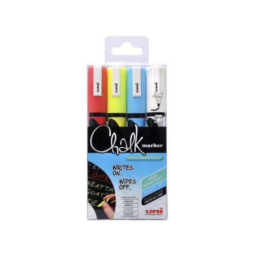 Uni-Ball Uni Chalk - markering - röd, blå, vit, fluorescerande gul (paket om 4)