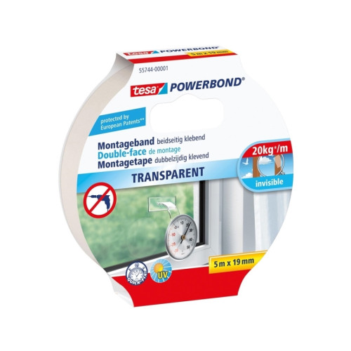 tesa 55744 Powerbond genomskinlig dubbelsidig tejp, 5 m x 19... - Tejp
