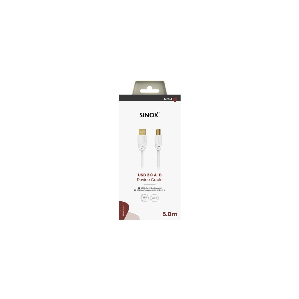 Produktbild för Sinox SOC04105, 5 m, USB A, USB B, USB 2.0, 0,48 Gbit/s, Vit