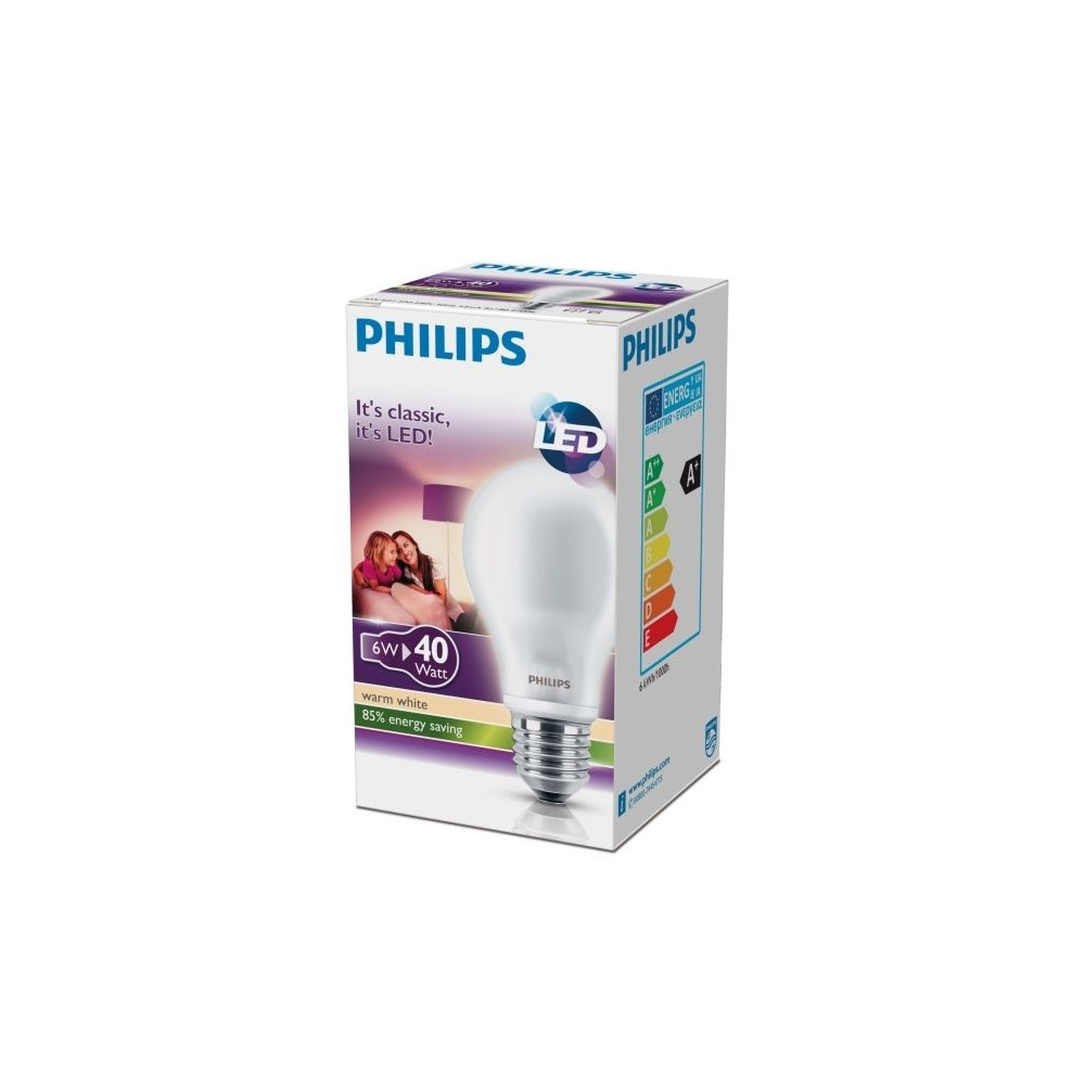 Produktbild för Philips - LED-glödlampa - form: A60 - E27 - 6 W - varmt vitt ljus - 2700 K