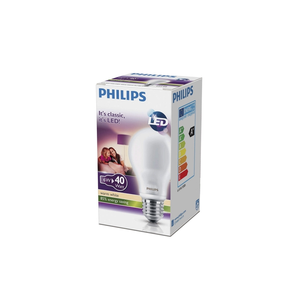 Produktbild för Philips - LED-glödlampa - form: A60 - E27 - 6 W - varmt vitt ljus - 2700 K