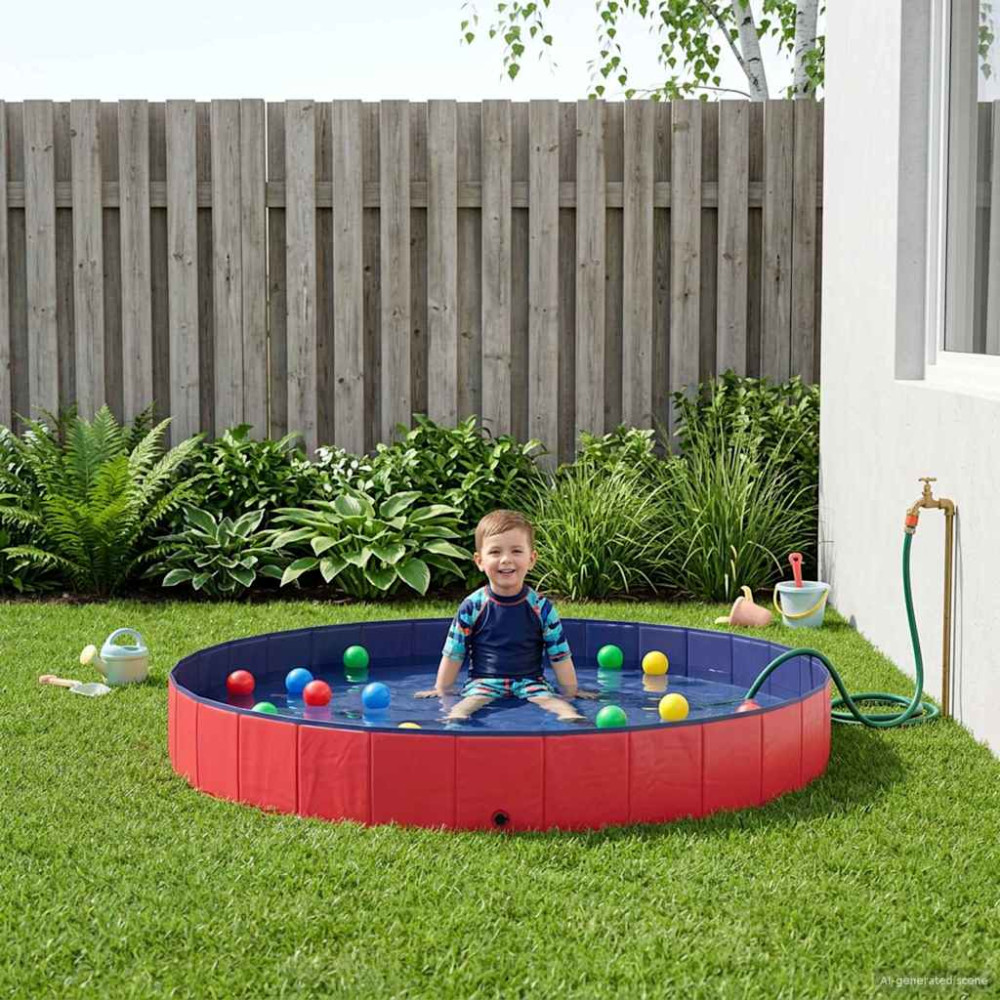 Produktbild för Barn Sim Pool Röd Ø300 x 38 cm Tjock PVC och Konstruerat Trä