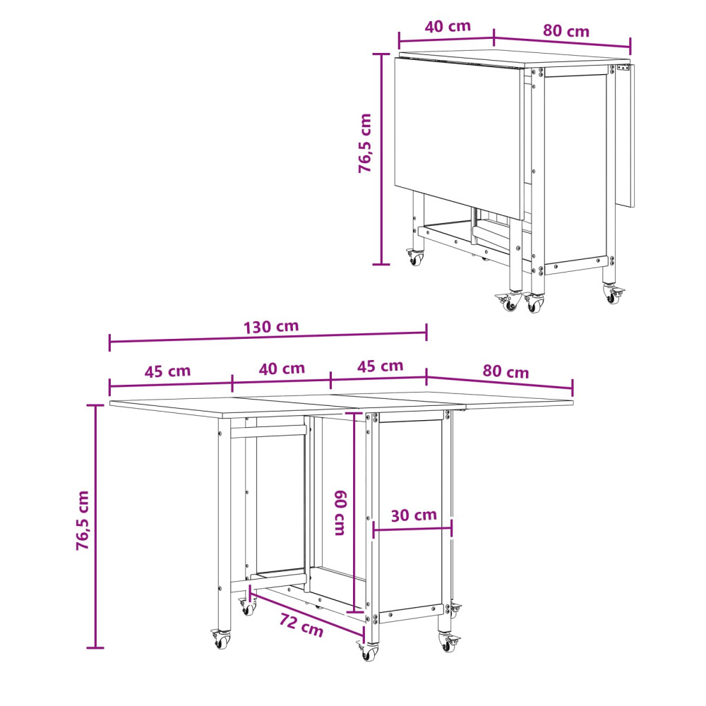 Produktbild för Hopfällbart matbord med hjul 130 x 80 x 76,5 cm Konstruerat trä