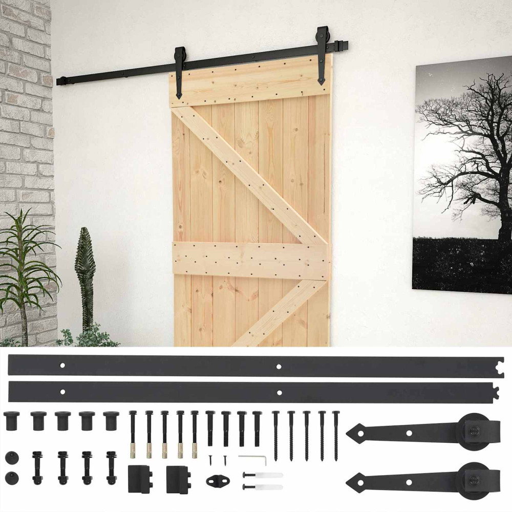Produktbild för Skjutdörr Naturlig och svart 80 x 210 cm Massiv furu