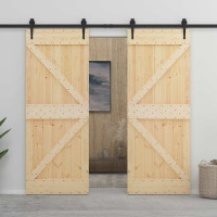 Produktbild för Skjutdörr Naturlig och svart 80 x 210 cm Massiv furu