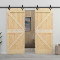 Produktbild för Skjutdörr Naturlig och svart 80 x 210 cm Massiv furu