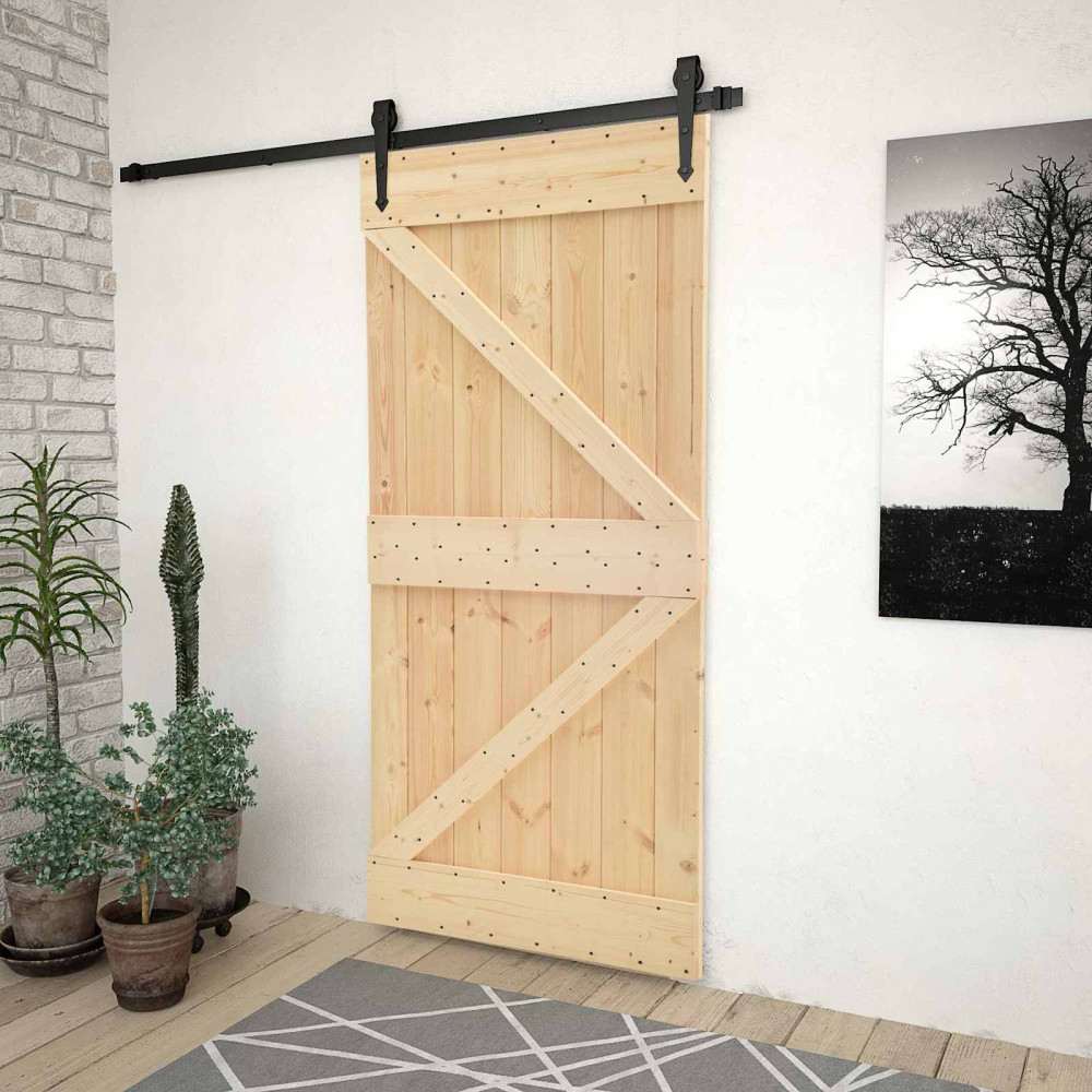 Produktbild för Skjutdörr Naturlig och svart 90 x 210 cm Massiv furu
