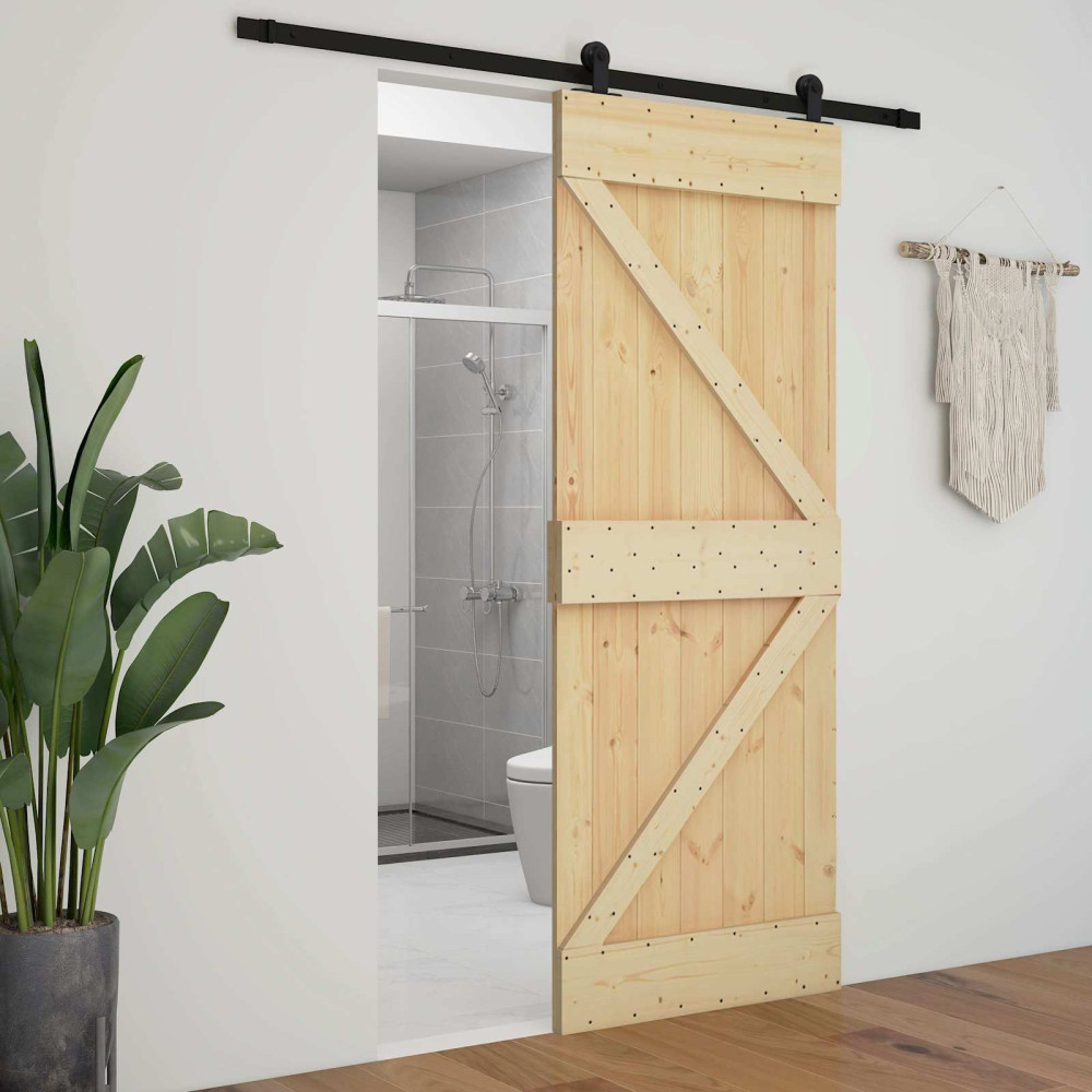 Produktbild för Skjutdörr Naturlig och svart 90 x 210 cm Massiv furu