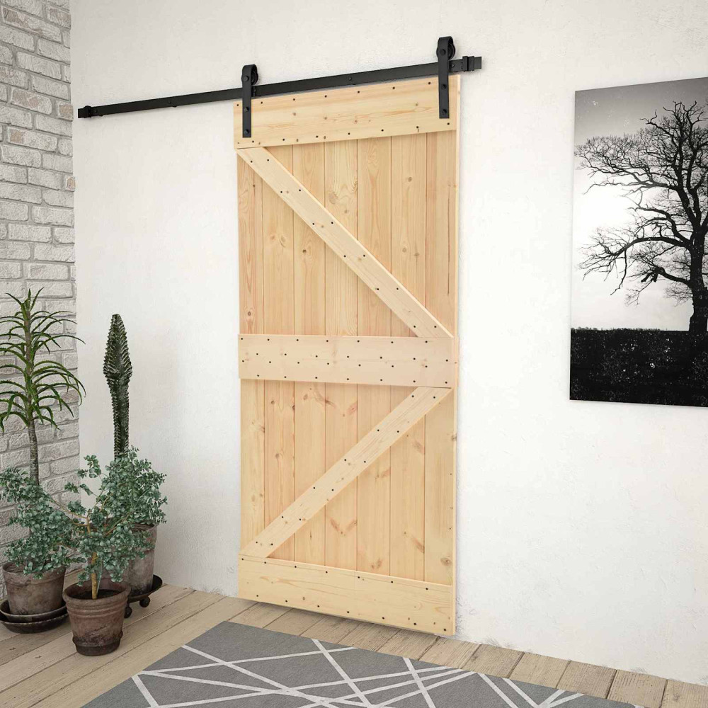 Produktbild för Skjutdörr Naturlig och svart 90 x 210 cm Massiv furu