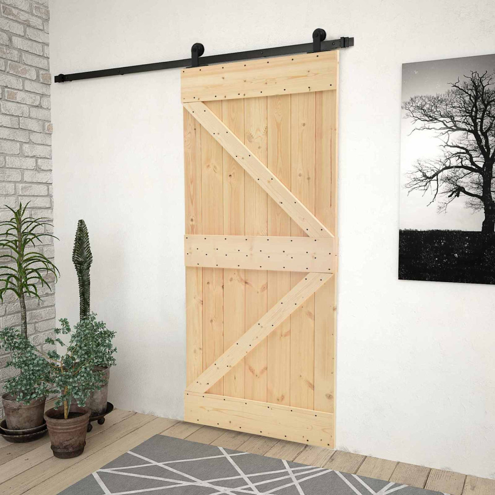 Produktbild för Skjutdörr Naturlig och svart 100 x 210 cm Massiv furu