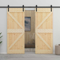Produktbild för Skjutdörr Naturlig och svart 100 x 210 cm Massiv furu
