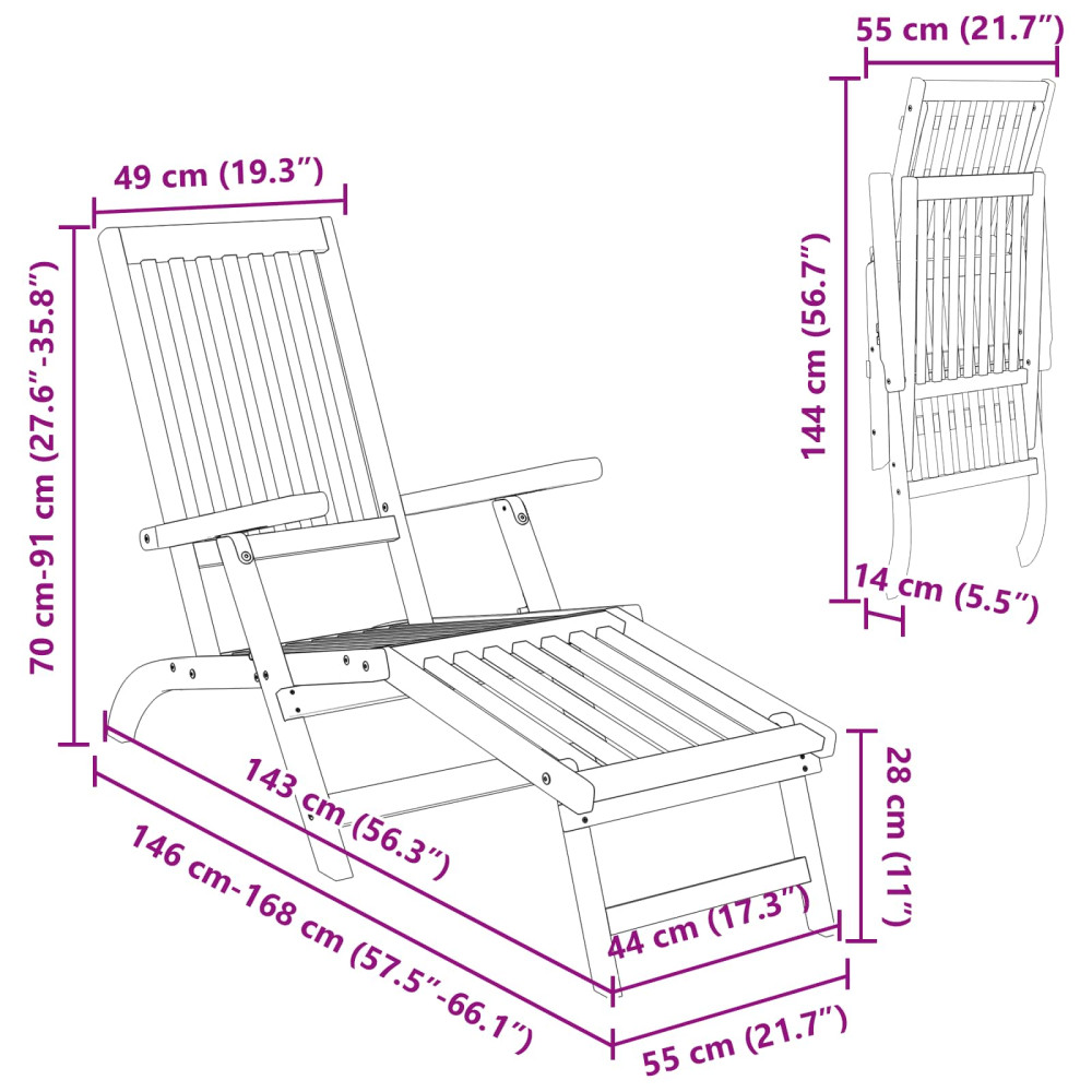 Produktbild för Reclining och Fällbar Solstol 2 pcs Naturlig Massivt Akaciaträ