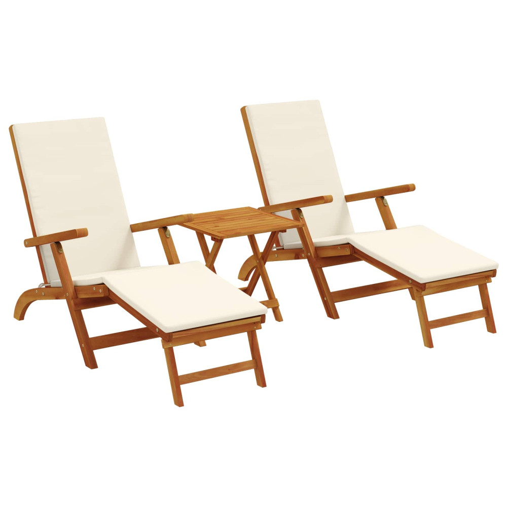 Produktbild för Reclining och Fällbar Solstol 3 pcs Gräddvit Massivt Akaciaträ