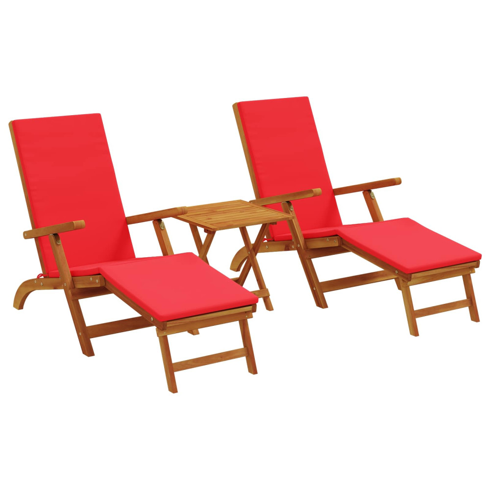 Produktbild för Reclining och Fällbar Solstol 3 pcs Röd Massivt Akaciaträ