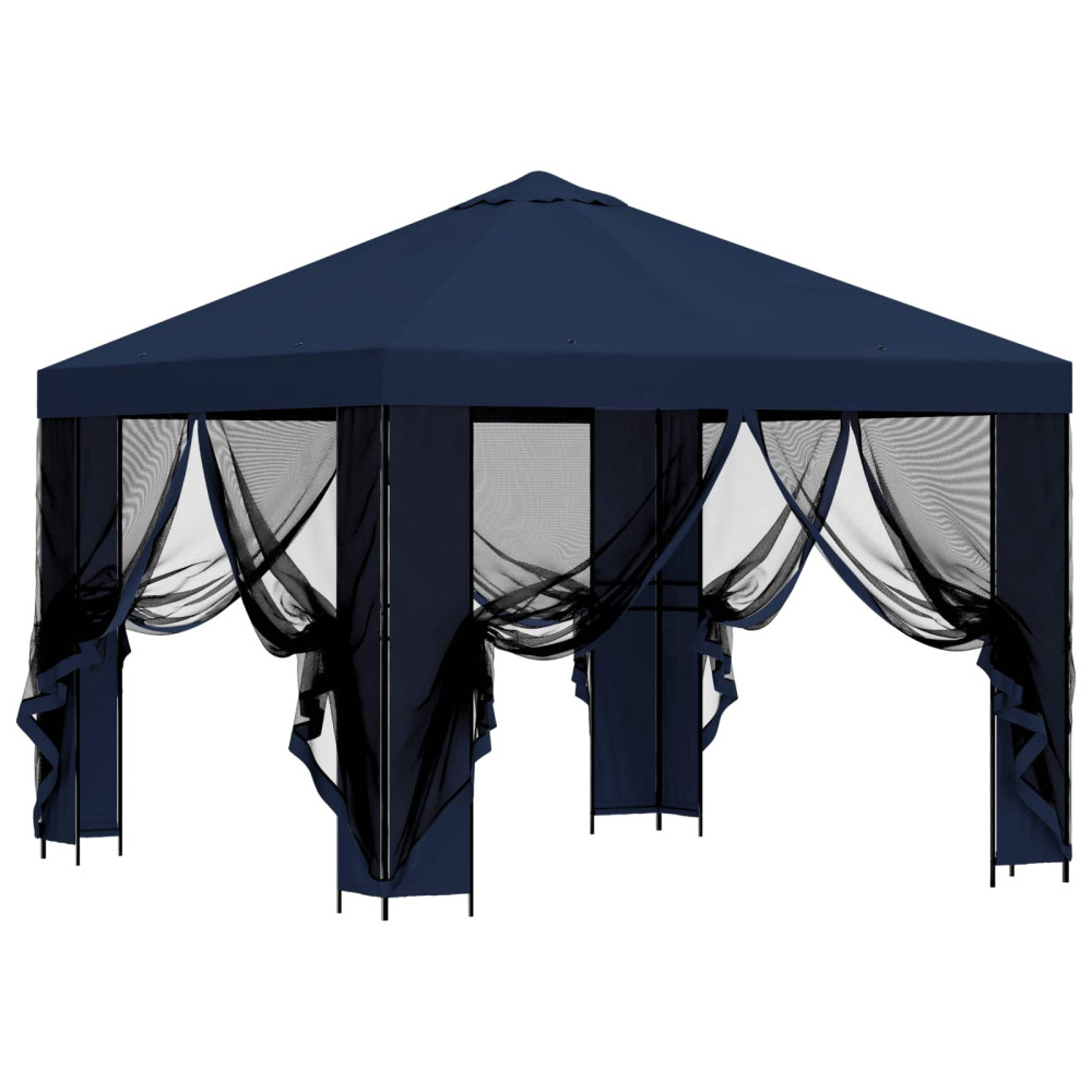 Produktbild för Trädgårdsgazebo med sidoväggar 3 x 3 m Blå Polyester och Stål