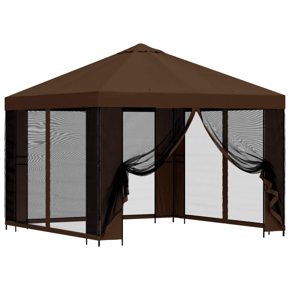 Produktbild för Trädgårdsgazebo med sidoväggar 3 x 3 m Brun Polyester och Stål