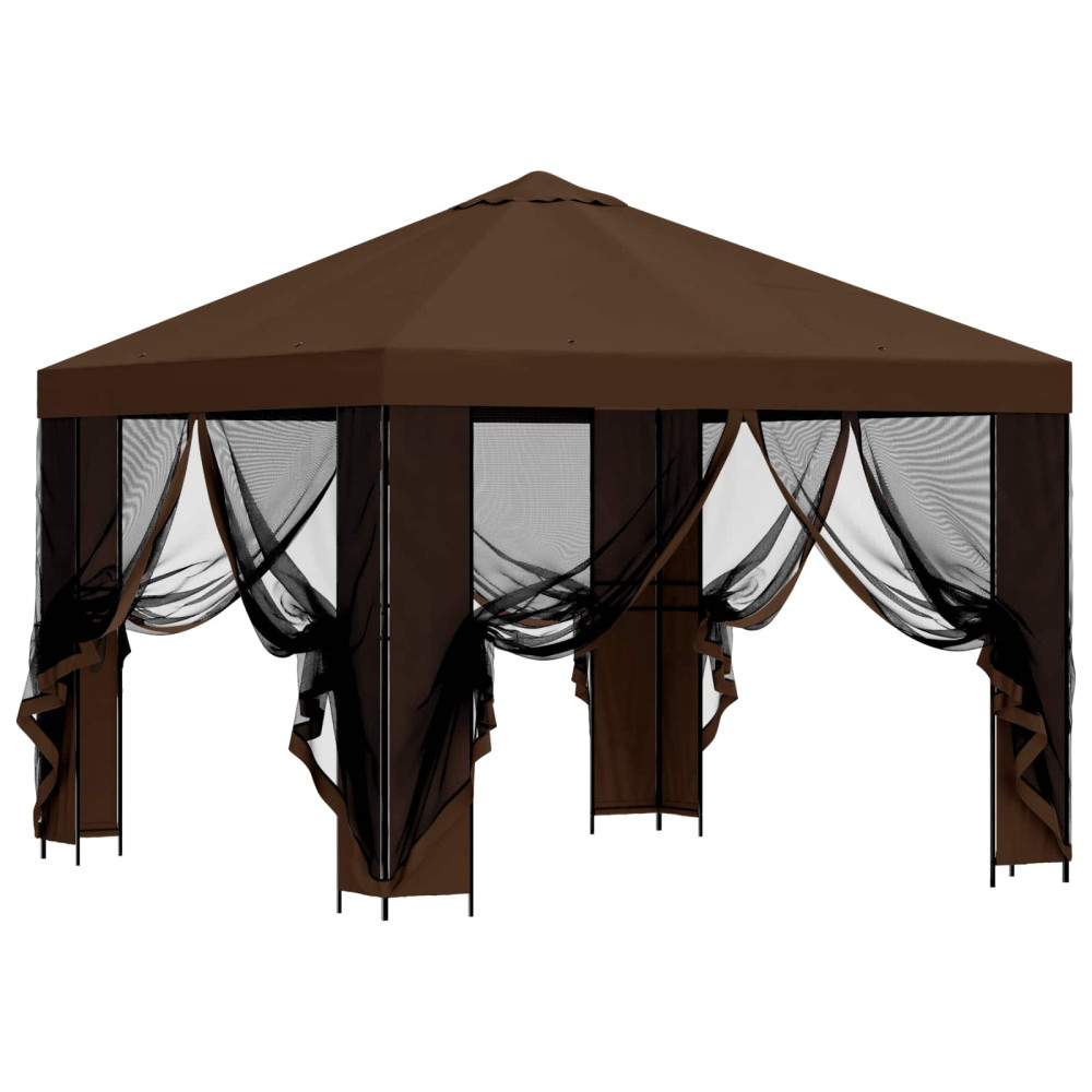 Produktbild för Trädgårdsgazebo med sidoväggar 3 x 3 m Brun Polyester och Stål