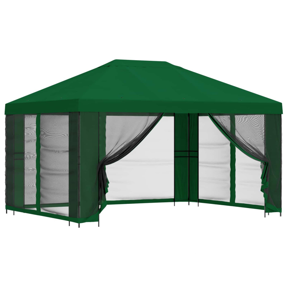 Produktbild för Trädgårdsgazebo med sidoväggar 4 × 3 m Grön Polyester och Stål