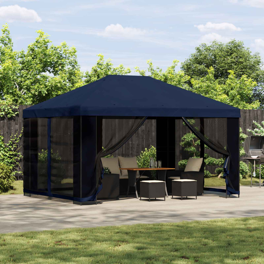 Produktbild för Trädgårdsgazebo med sidoväggar 4 × 3 m Blå Polyester och Stål