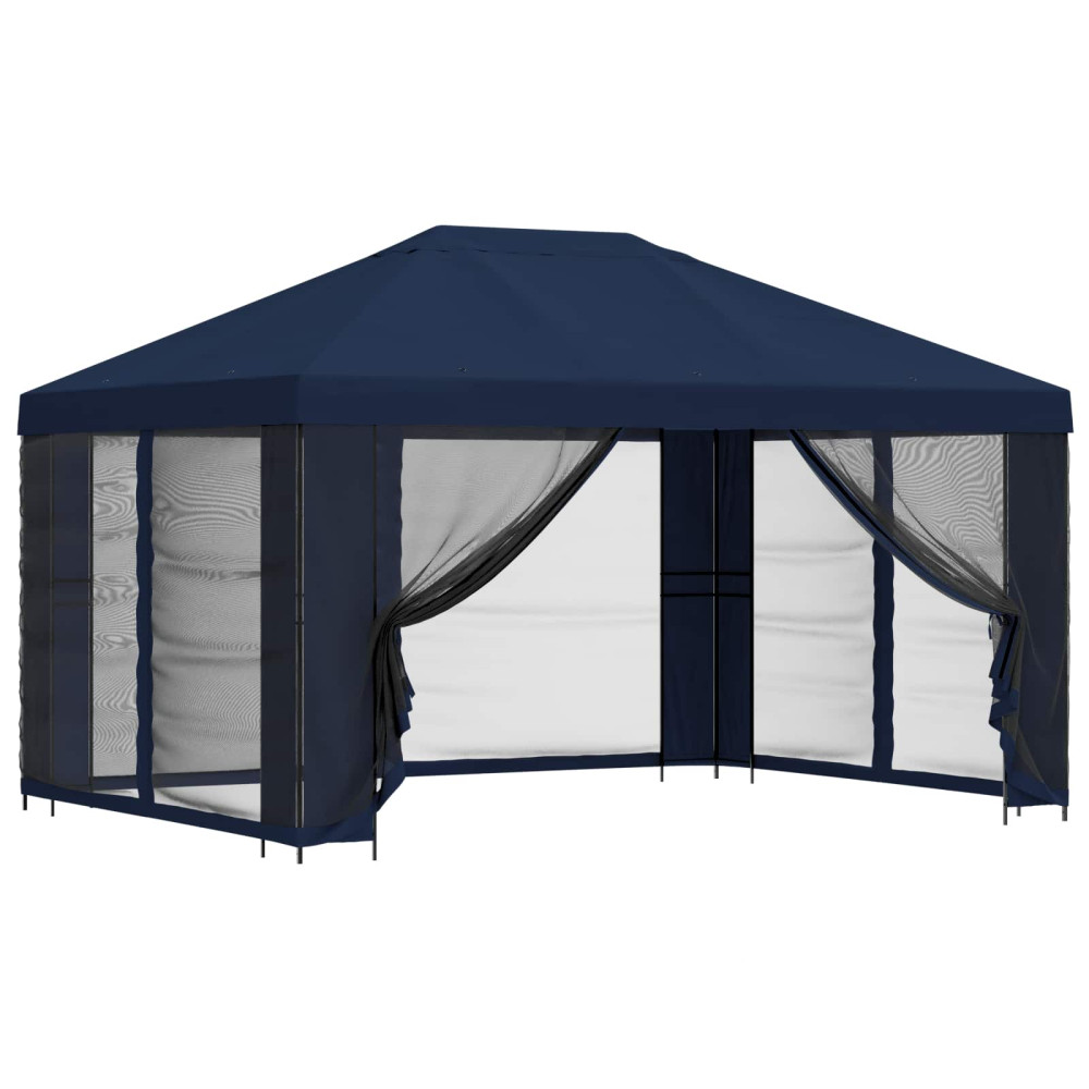 Produktbild för Trädgårdsgazebo med sidoväggar 4 × 3 m Blå Polyester och Stål