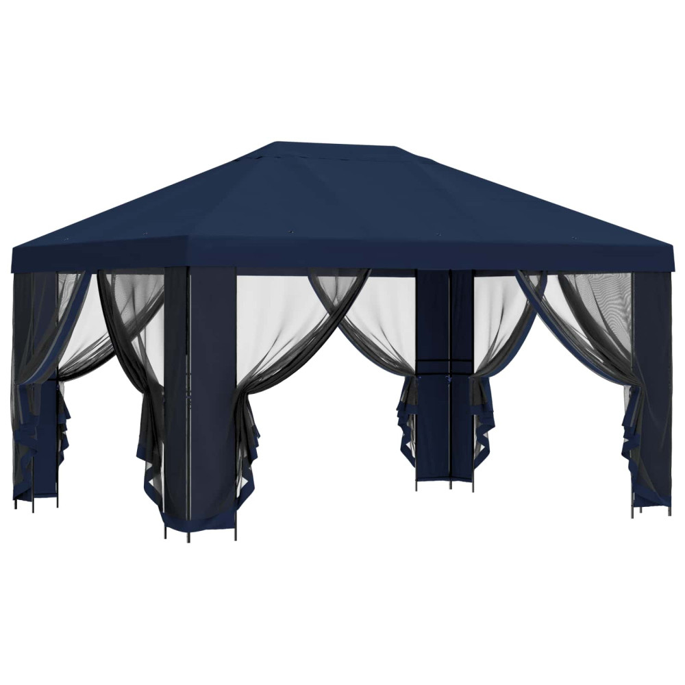Produktbild för Trädgårdsgazebo med sidoväggar 4 × 3 m Blå Polyester och Stål