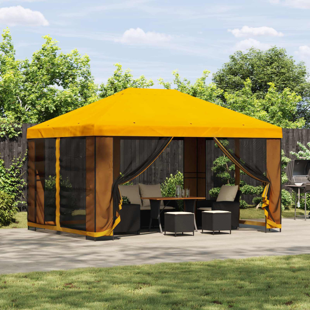 Produktbild för Trädgårdsgazebo med sidoväggar 4 × 3 m Gul Polyester och Stål