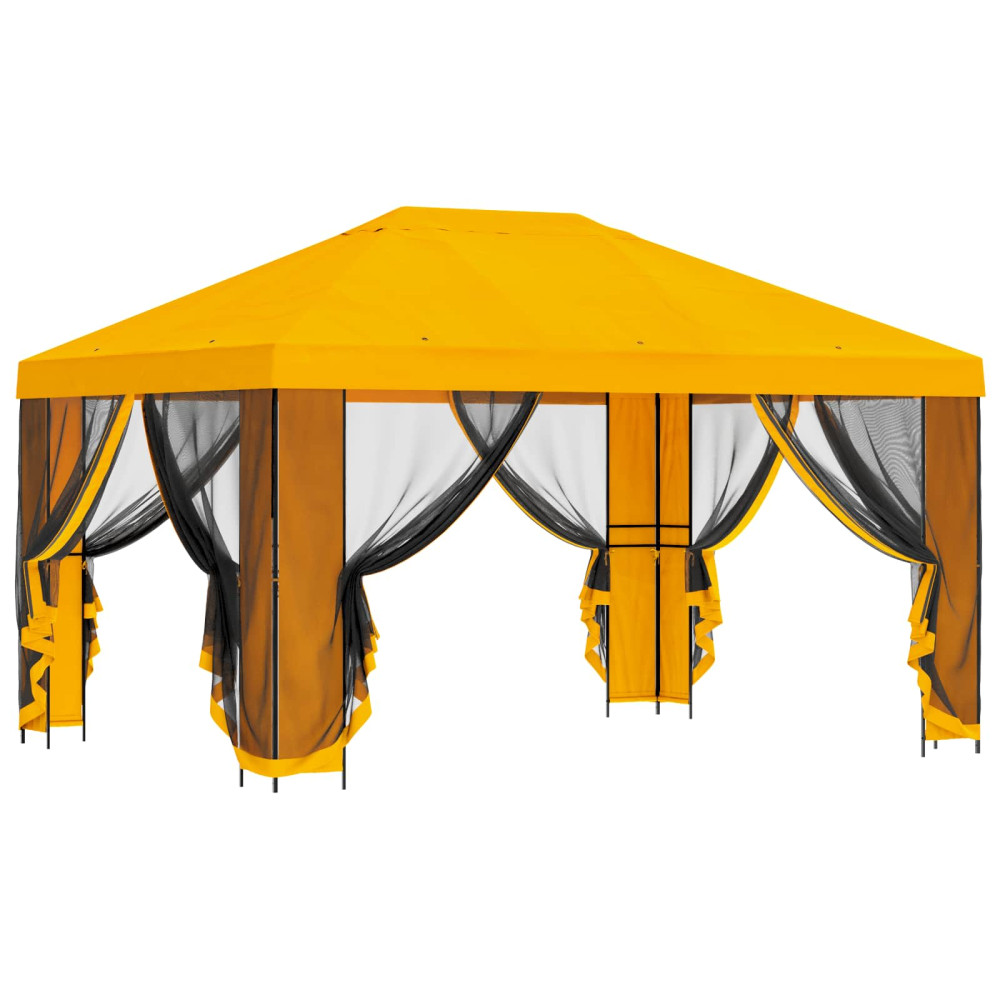 Produktbild för Trädgårdsgazebo med sidoväggar 4 × 3 m Gul Polyester och Stål