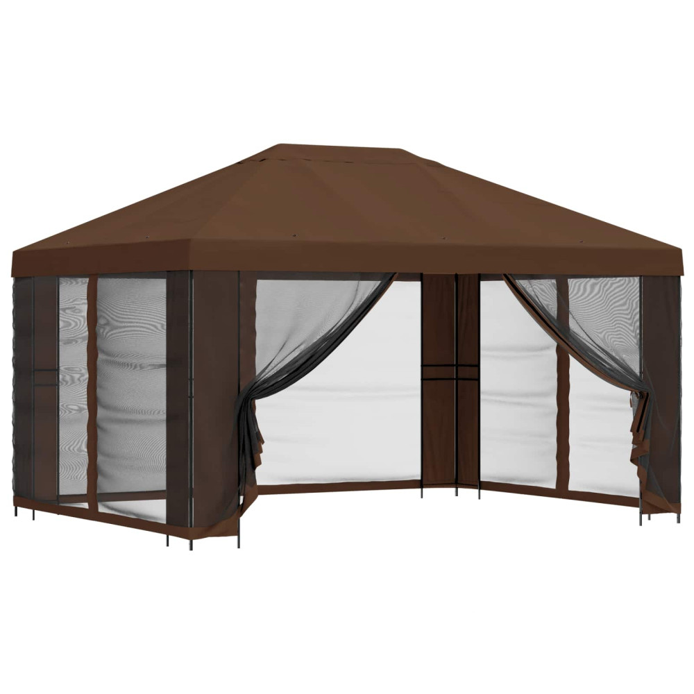Produktbild för Trädgårdsgazebo med sidoväggar 4 × 3 m Brun Polyester och Stål