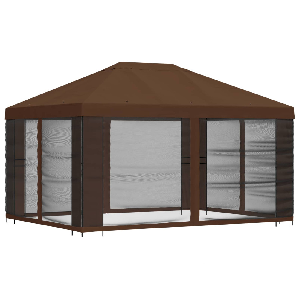 Produktbild för Trädgårdsgazebo med sidoväggar 4 × 3 m Brun Polyester och Stål