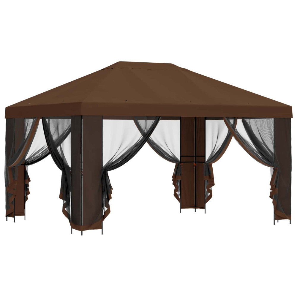 Produktbild för Trädgårdsgazebo med sidoväggar 4 × 3 m Brun Polyester och Stål