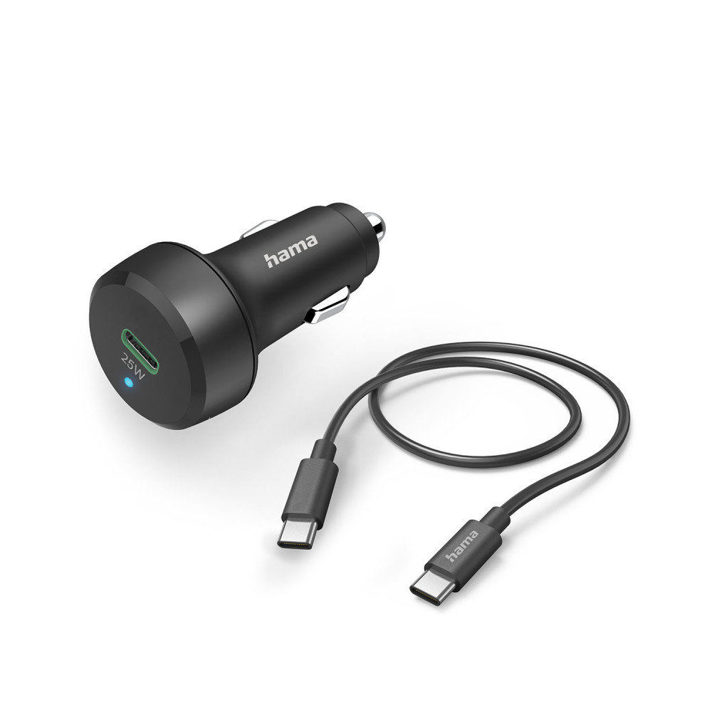 Produktbild för Car Charger 12-24V w. C to C cable PD 25W 1xUSB-C  Cable 1m Black