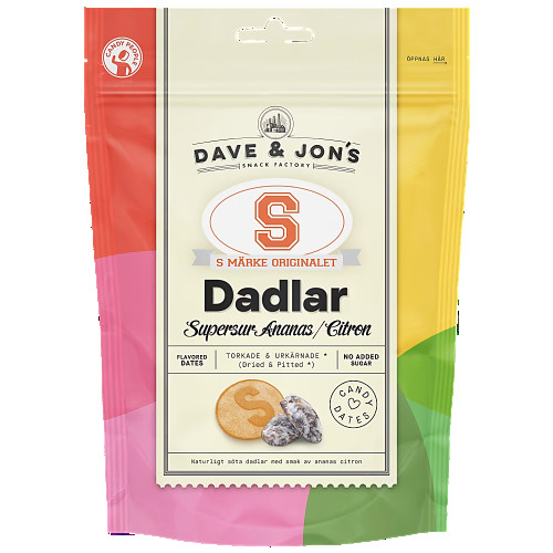 DAVE & JON'S Dadlar S-märke Supersur Ananas Citron 125g