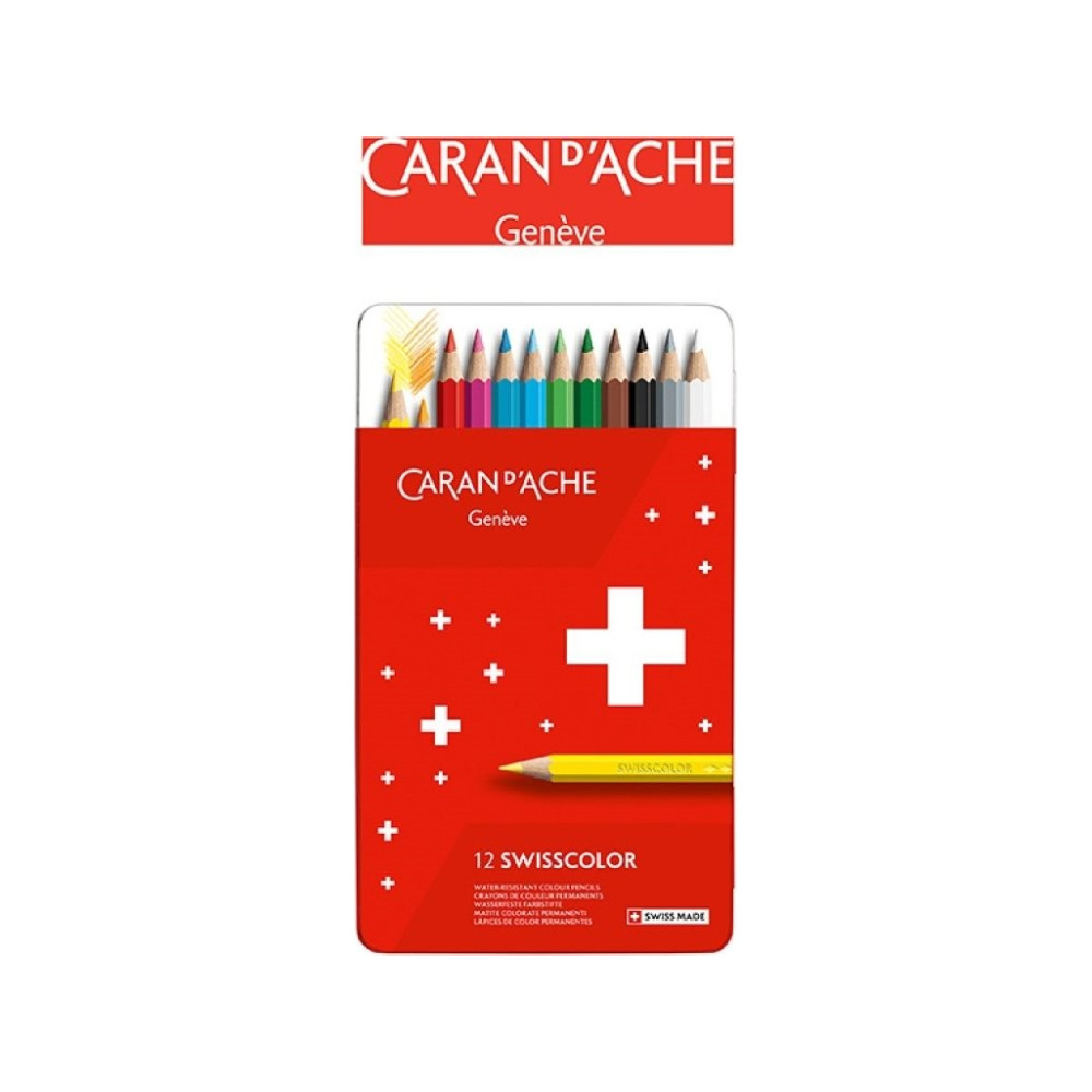 Produktbild för CARAN D'ACHE färgpennor Swisscolor, 12 st i metallfodral, va...