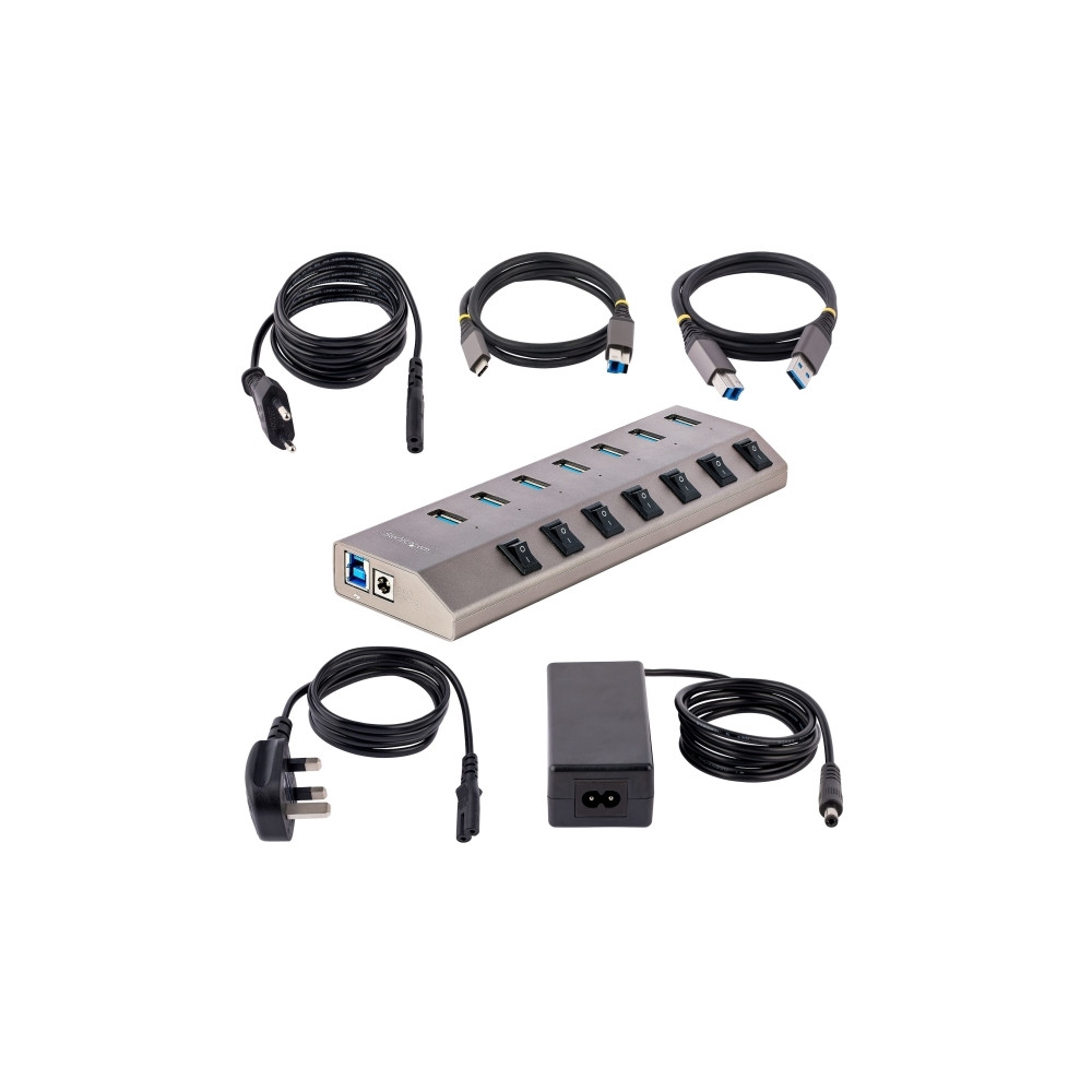 Produktbild för StarTech.com 7-Port Self-Powered USB-C Hub with Individual On/Off Switches, USB 3.0 5Gbps Expansion Hub w/Power Supply, Desktop/Laptop USB-C to USB-A Hub, 7x BC 1.2 (1.5A), USB Type C Hub - USB-C/A Host Cables (5G7AIBS-USB-HUB-EU) - hubb - 7 portar