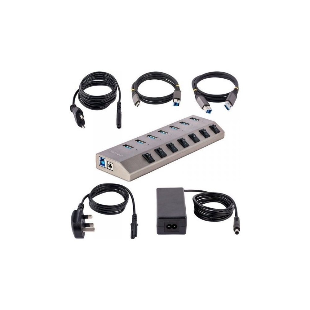 Produktbild för StarTech.com 7-Port Self-Powered USB-C Hub with Individual On/Off Switches, USB 3.0 5Gbps Expansion Hub w/Power Supply, Desktop/Laptop USB-C to USB-A Hub, 7x BC 1.2 (1.5A), USB Type C Hub - USB-C/A Host Cables (5G7AIBS-USB-HUB-EU) - hubb - 7 portar