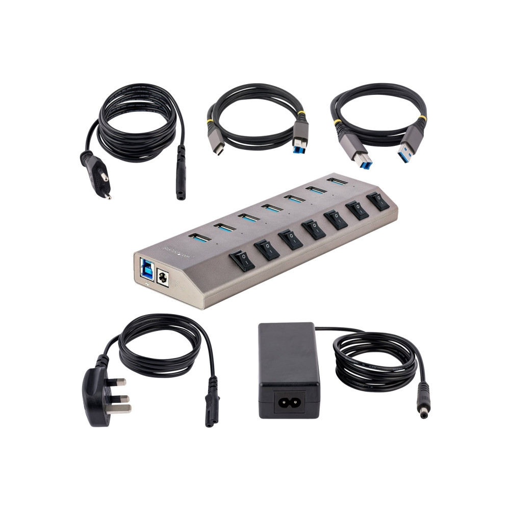 Produktbild för StarTech.com 7-Port Self-Powered USB-C Hub with Individual On/Off Switches, USB 3.0 5Gbps Expansion Hub w/Power Supply, Desktop/Laptop USB-C to USB-A Hub, 7x BC 1.2 (1.5A), USB Type C Hub - USB-C/A Host Cables (5G7AIBS-USB-HUB-EU) - hubb - 7 portar