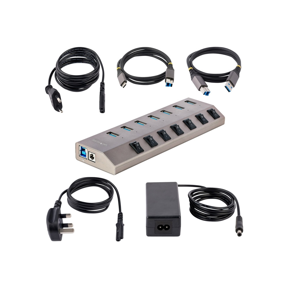 Produktbild för StarTech.com 7-Port Self-Powered USB-C Hub with Individual On/Off Switches, USB 3.0 5Gbps Expansion Hub w/Power Supply, Desktop/Laptop USB-C to USB-A Hub, 7x BC 1.2 (1.5A), USB Type C Hub - USB-C/A Host Cables (5G7AIBS-USB-HUB-EU) - hubb - 7 portar