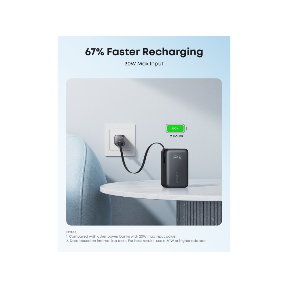 Produktbild för Anker Nano power bank - inbyggd USB-C-kabel - 2 x USB-C, USB - 45 Watt