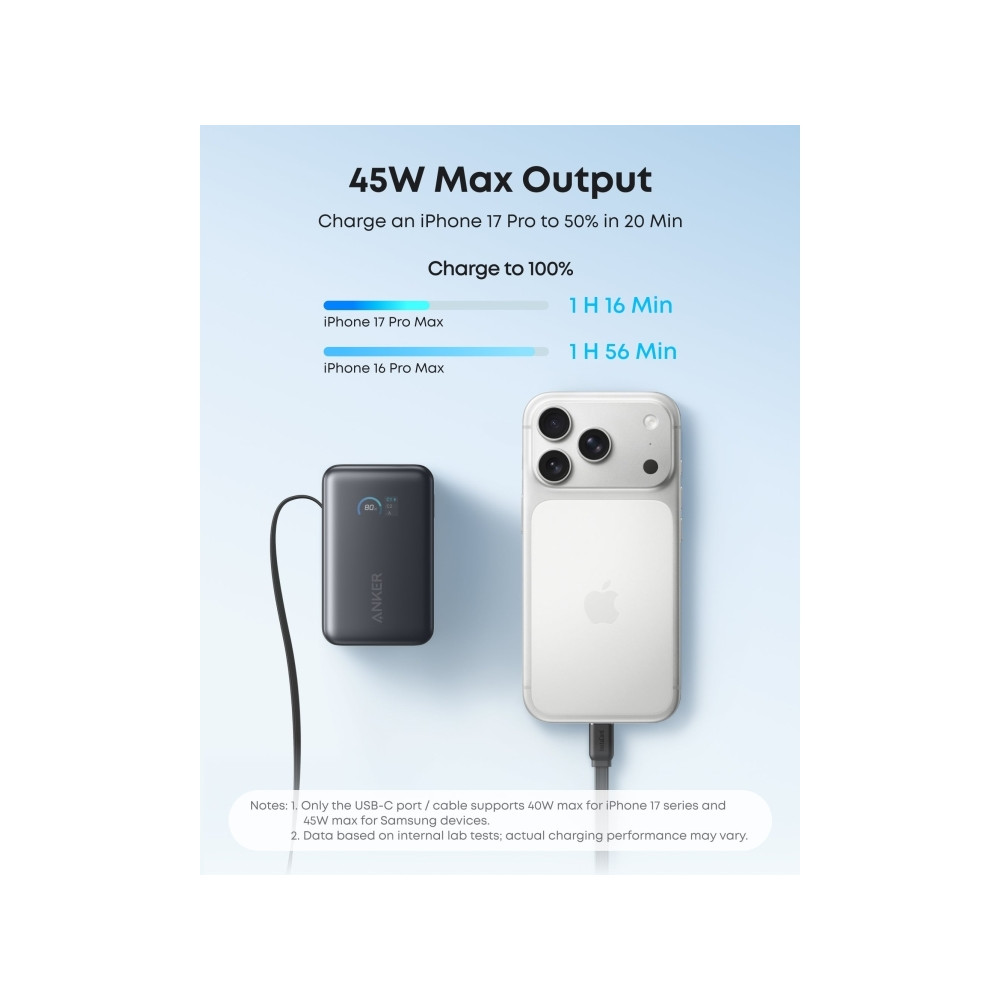 Produktbild för Anker Nano power bank - inbyggd USB-C-kabel - 2 x USB-C, USB - 45 Watt