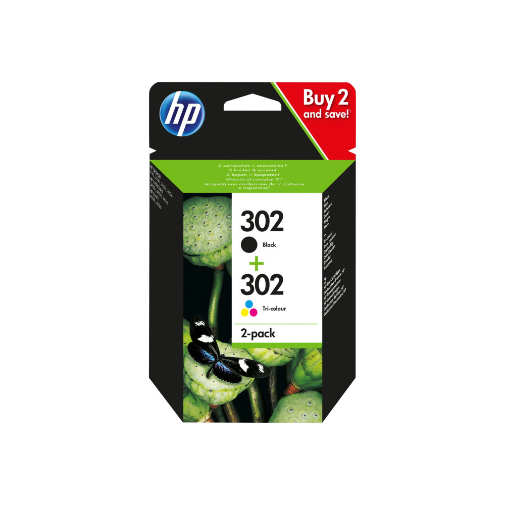 Produktbild för HP 302 - 2-pack - svart, färg (cyan, magenta, gul) - original - bläckpatron